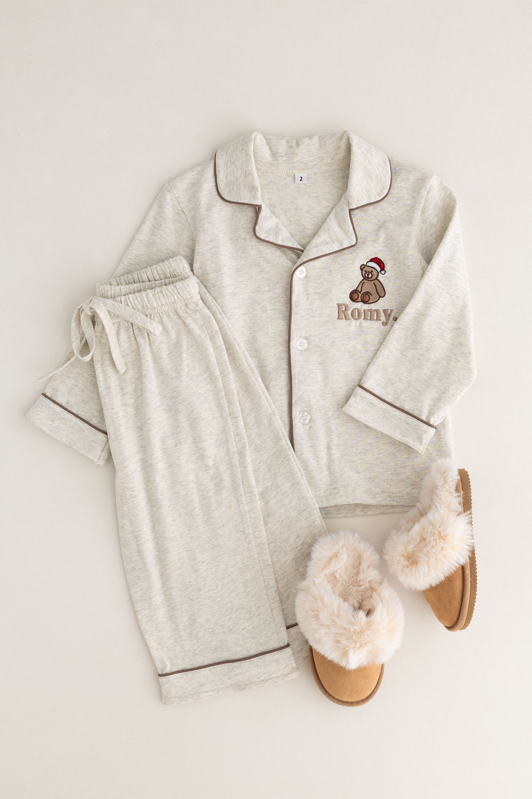 Oatmilk Children's matching PJ set - Bear Santas Hat embroidery