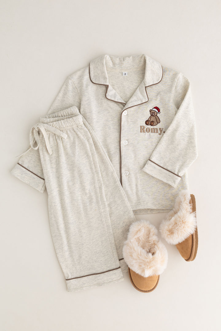 Oatmilk Children's matching PJ set - Bear Santas Hat embroidery
