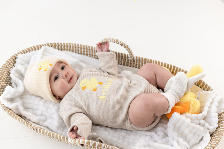 Oatmeal Duck Name Ribbed BODYSUIT - Embroidered