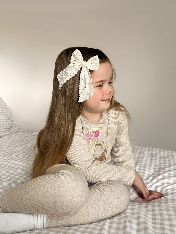 Oatmeal Bow Initial Ribbed Set - Embroidered