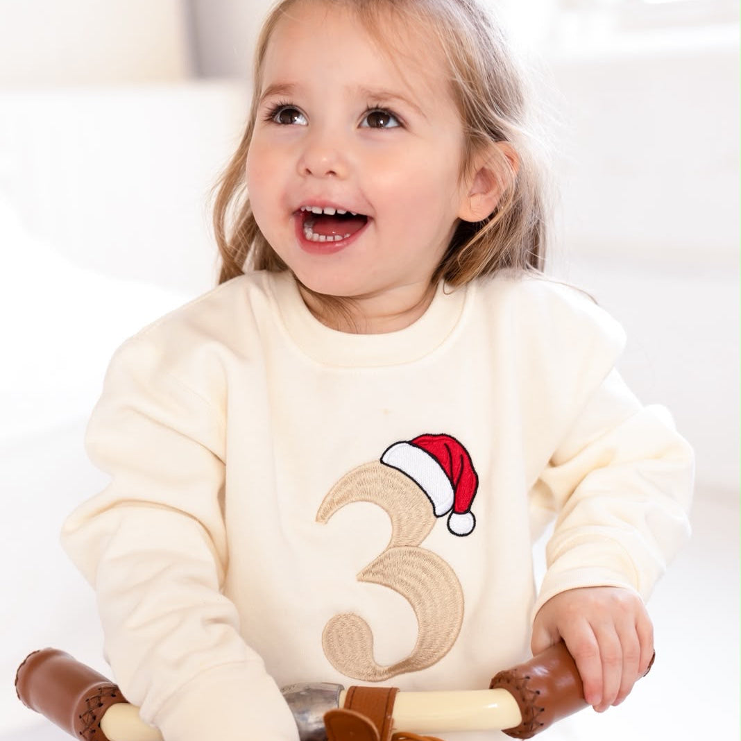 Birthday Age Santa's Hat Vanilla Sweatshirt - Embroidery