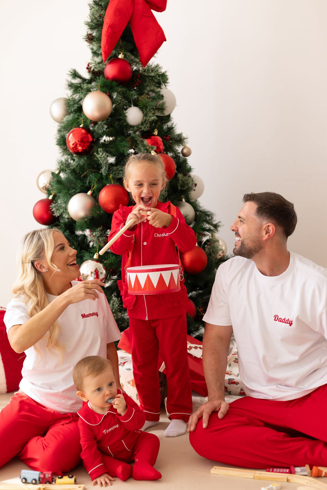 Mens Family Christmas Two Piece Set - Red with White trim