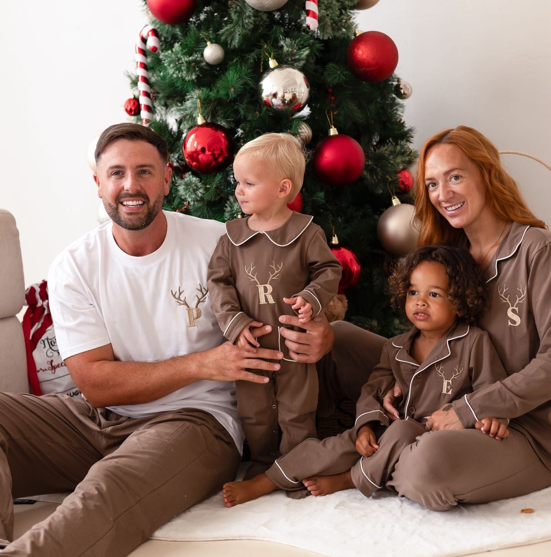 Mens Family Christmas Two Piece Set - Cappuccino with white trim - Embroidered