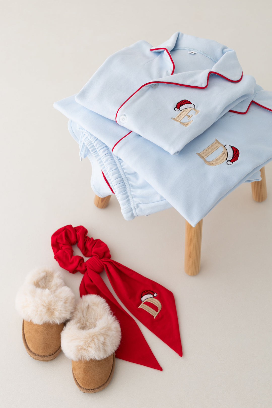 Sleigh Blue Women's matching PJ set - Initial Santas Hat embroidery