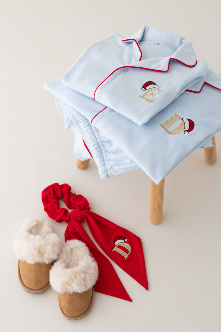 Sleigh Blue Women's matching PJ set - Initial Santas Hat embroidery