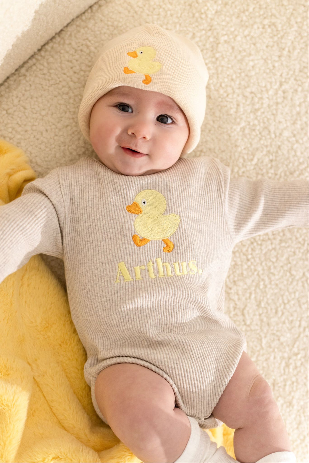 Oatmeal Duck Name Ribbed BODYSUIT - Embroidered