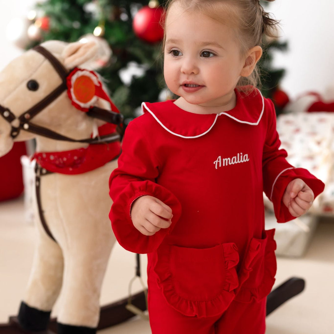 Frill Red Rompersuit with white trim - Embroidered