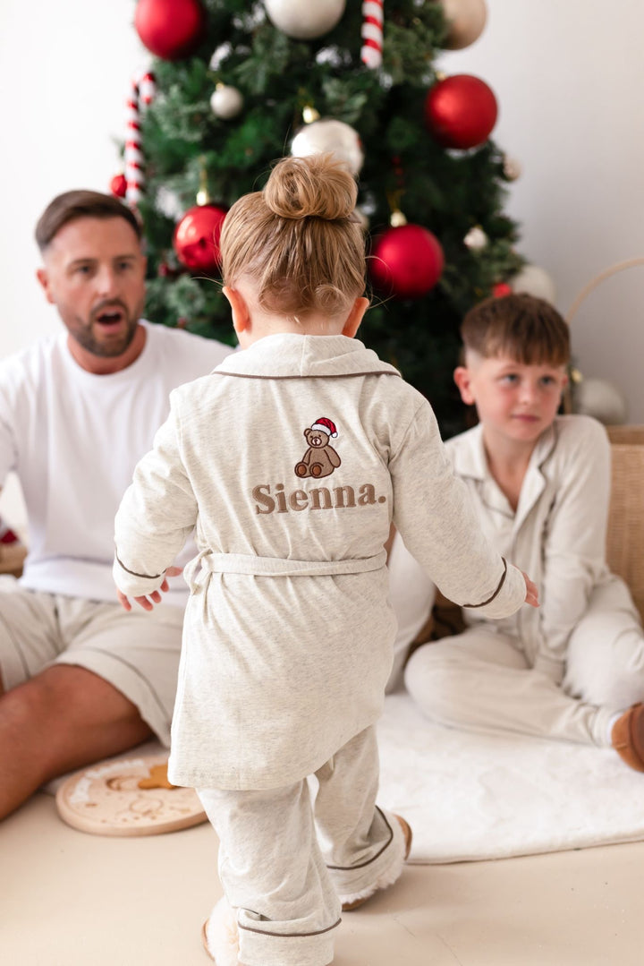 Oatmilk Men's matching PJ set -  Bear Santas Hat embroidery