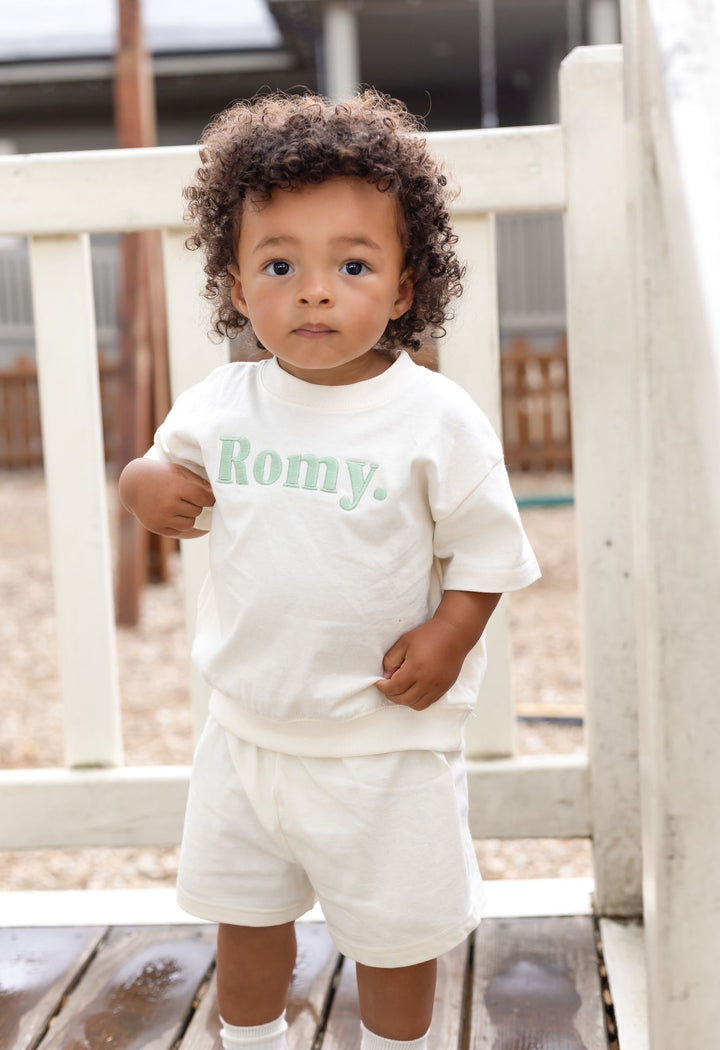 Vanilla with Pistachio Thread Name Indi Elle Short Set - Signature Embroidered