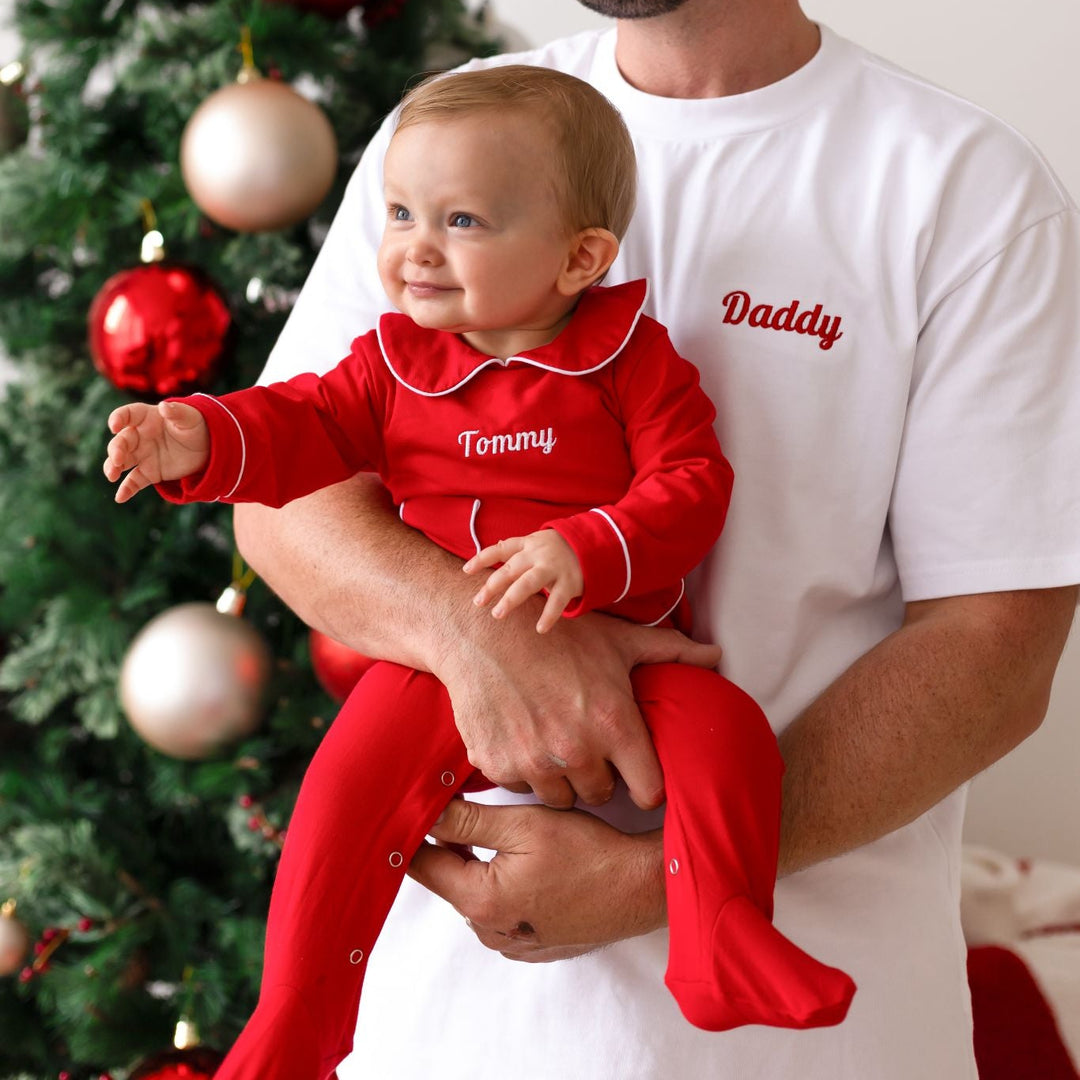 Red Rompersuit with white trim - Embroidered