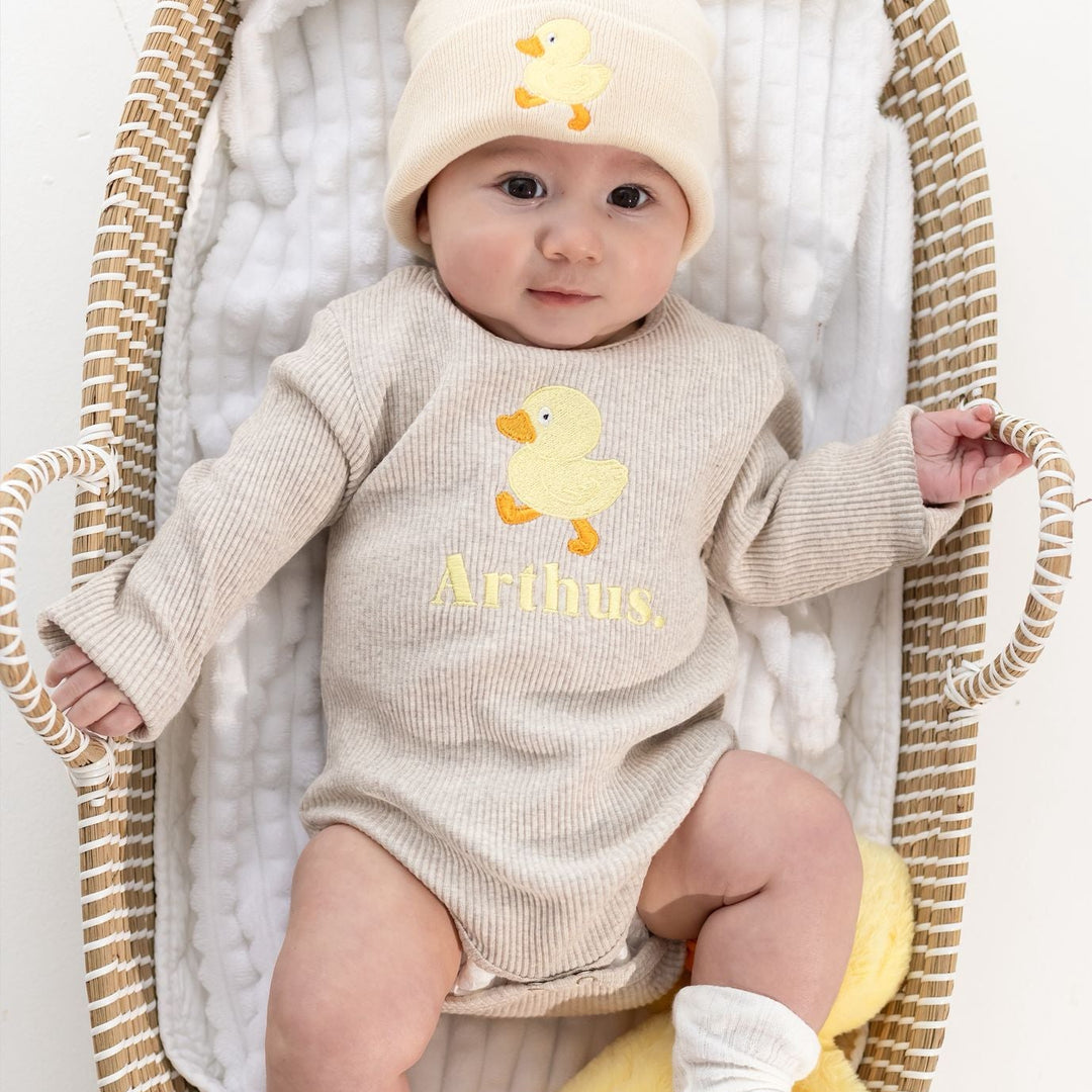 Oatmeal Duck Name Ribbed BODYSUIT - Embroidered