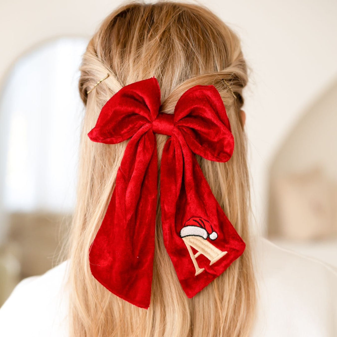 Large red Velvet Santa's Hat Initial Bow Clip - Embroidered