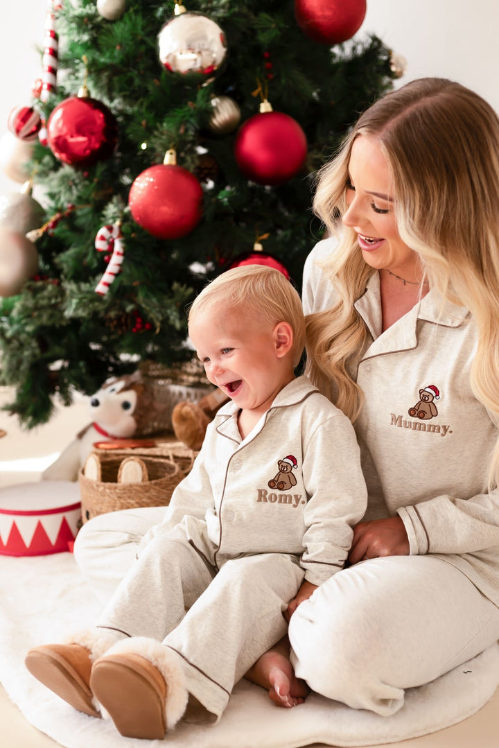 Oatmilk Children's matching PJ set - Bear Santas Hat embroidery