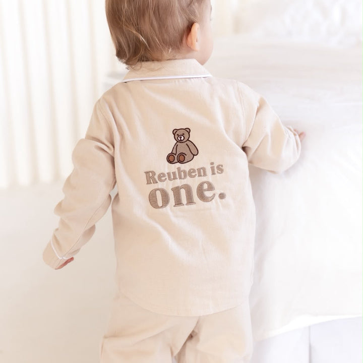 Bear Birthday Latte Button Up Pyjama Set - Embroidered two side