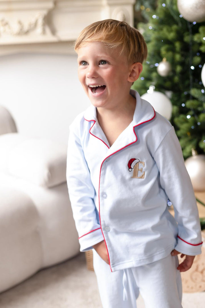 Sleigh Blue Children's matching PJ set - Initial Santas Hat embroidery