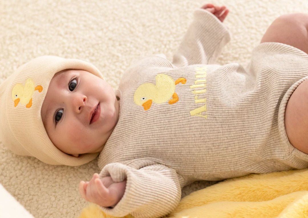 Oatmeal Duck Name Ribbed BODYSUIT - Embroidered