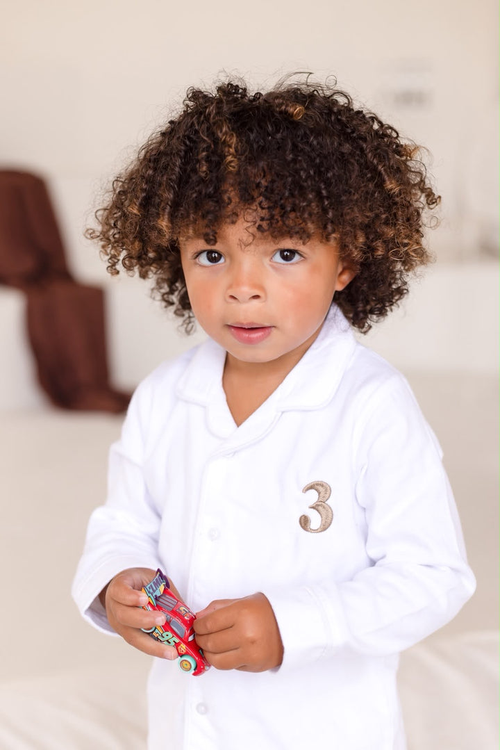Birthday Age White Button Up Pyjama Set - Embroidered two side