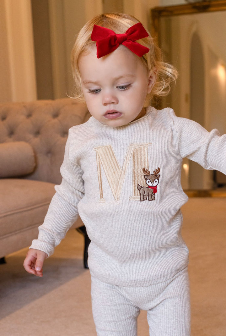 Oatmeal Reindeer Initial Ribbed Set - Embroidered