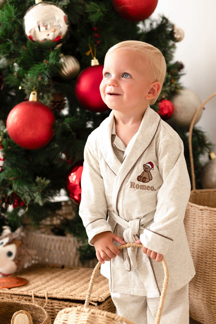 Oatmilk Dressing gown - Bear Santas Hat embroidery