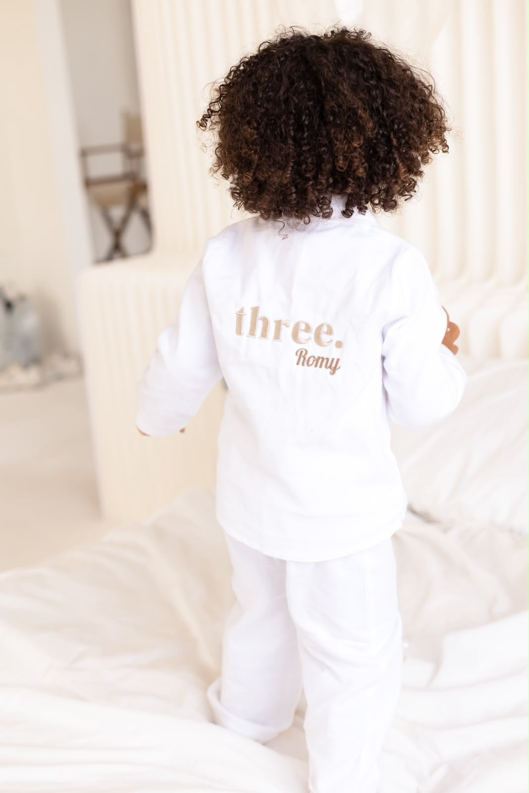 Birthday Age White Button Up Pyjama Set - Embroidered two side