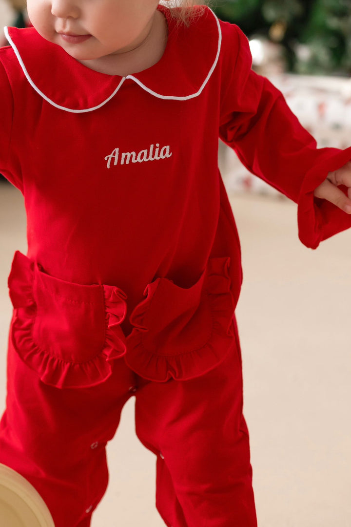 Frill Red Rompersuit with white trim - Embroidered