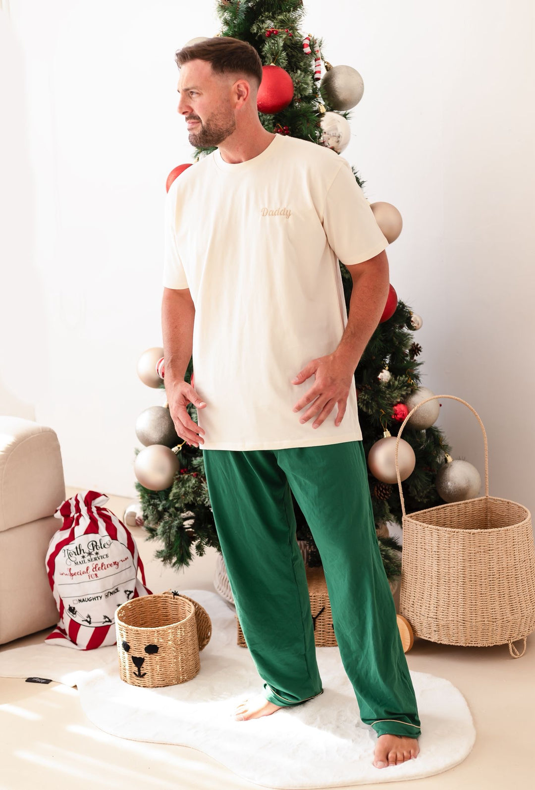 Festive Green Men's matching PJ set (embroidery)
