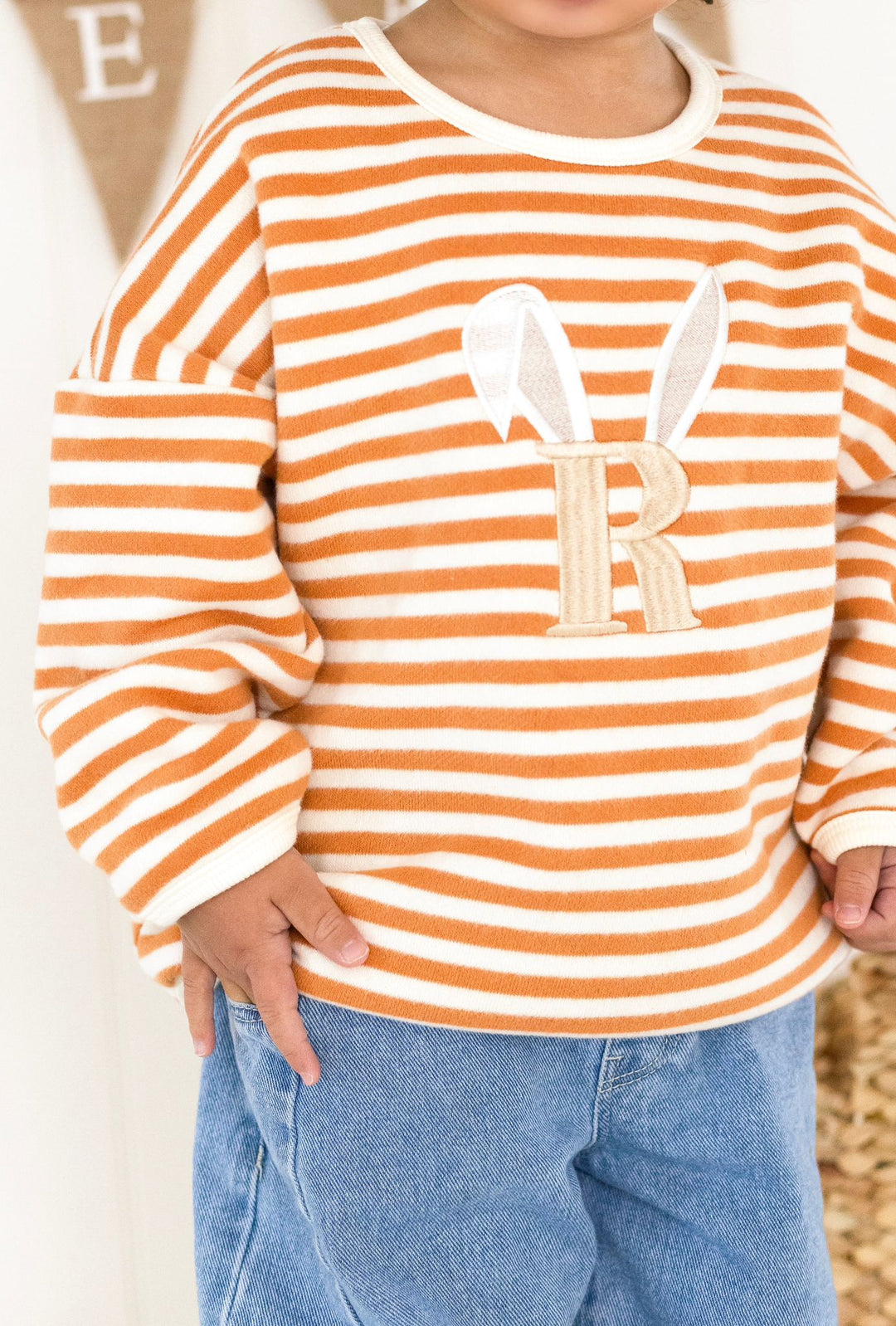 Bunny Stripe Fleece Oversized Sweatshirt - Embroidered