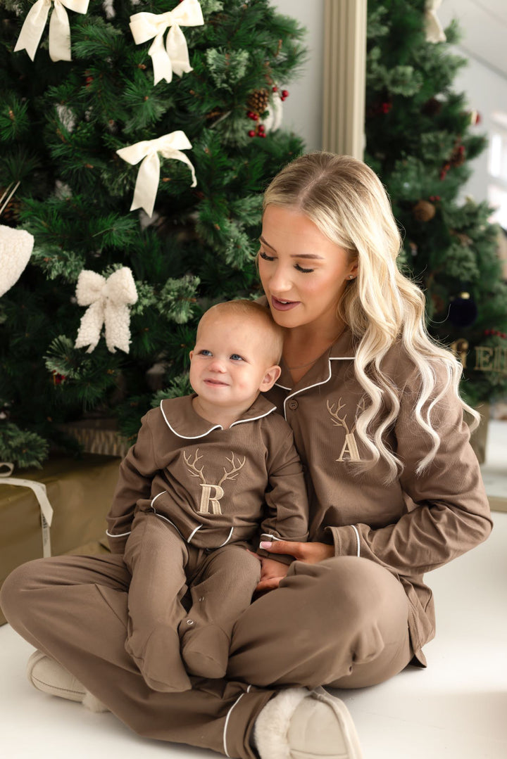 Womens Matching Family two piece set PJS - Cappuccino and white trim embroidery