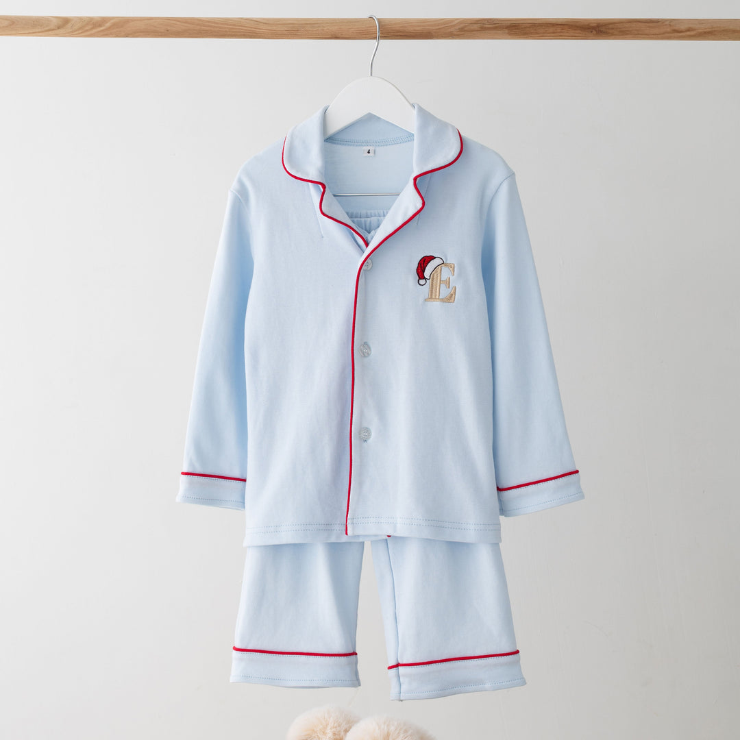 Sleigh Blue Children's matching PJ set - Initial Santas Hat embroidery