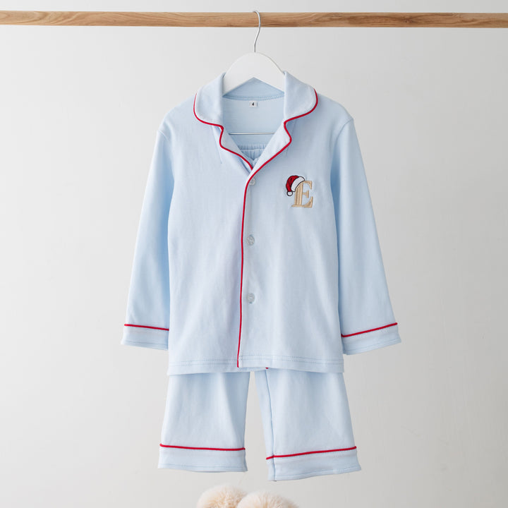 Sleigh Blue Children's matching PJ set - Initial Santas Hat embroidery
