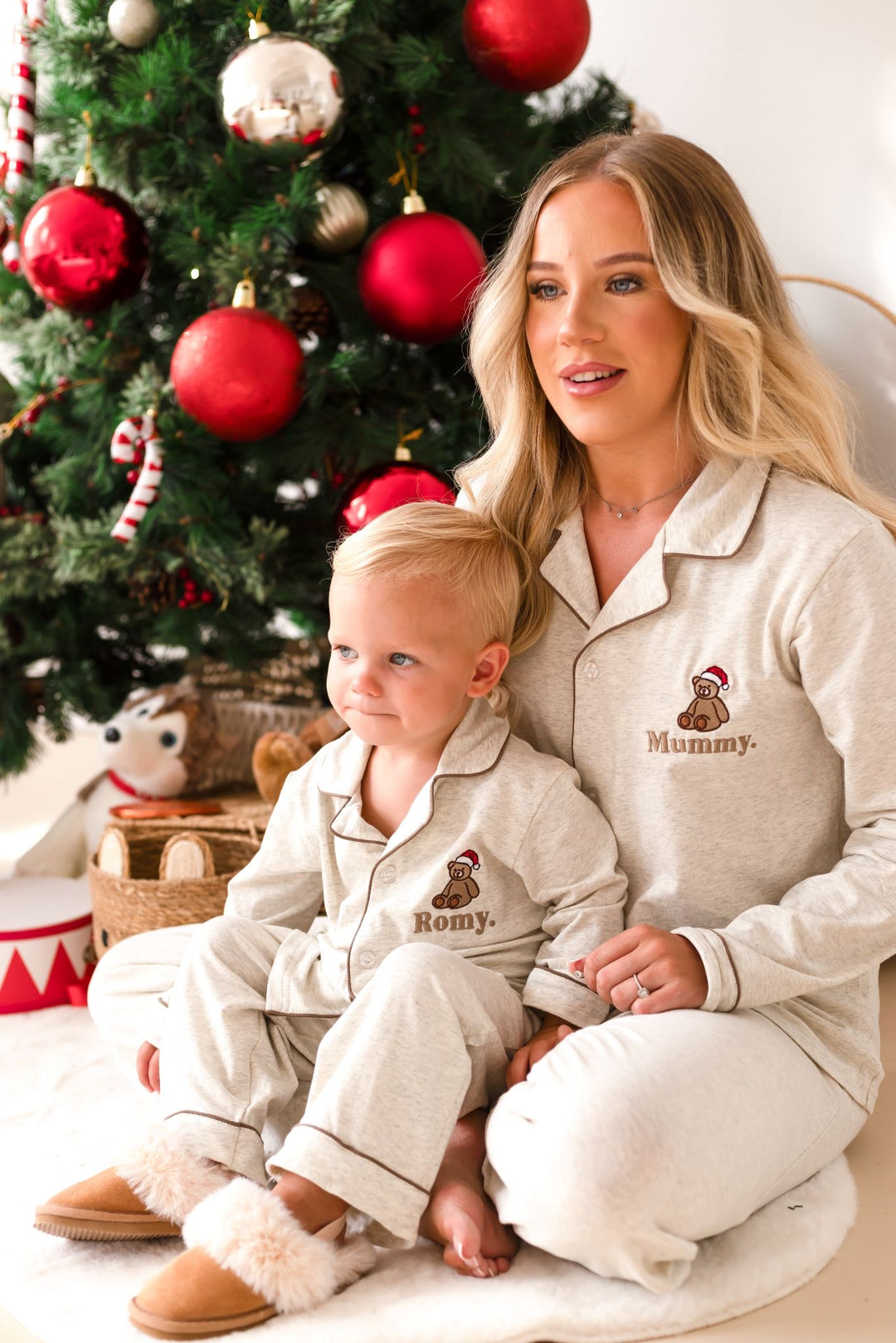 Oatmilk Children's matching PJ set - Bear Santas Hat embroidery