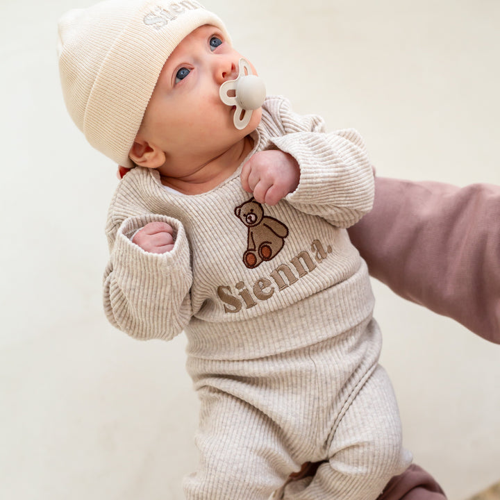 Oatmeal Bear Initial Ribbed Set - Embroidered