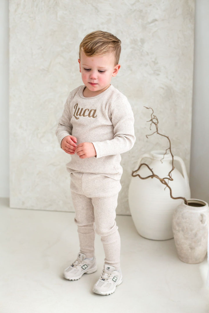 Italic Oatmeal Ribbed Set - Embroidered