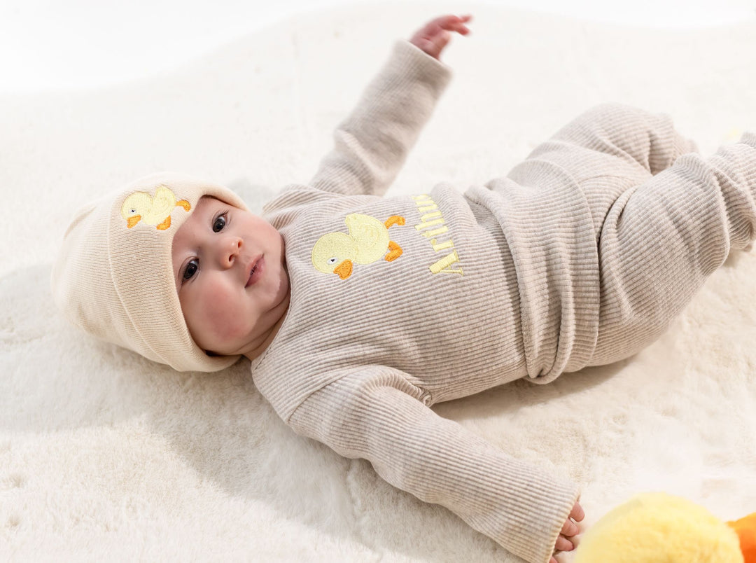 Oatmeal Duck Name Ribbed Set - Embroidered