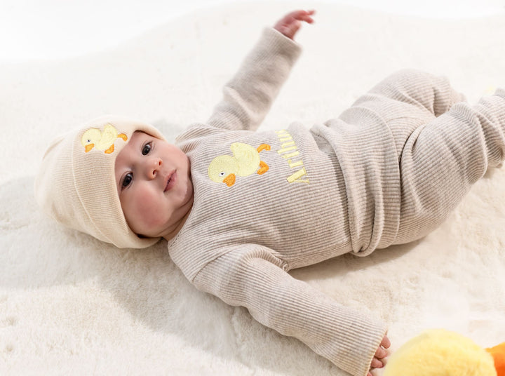 Oatmeal Duck Name Ribbed Set - Embroidered