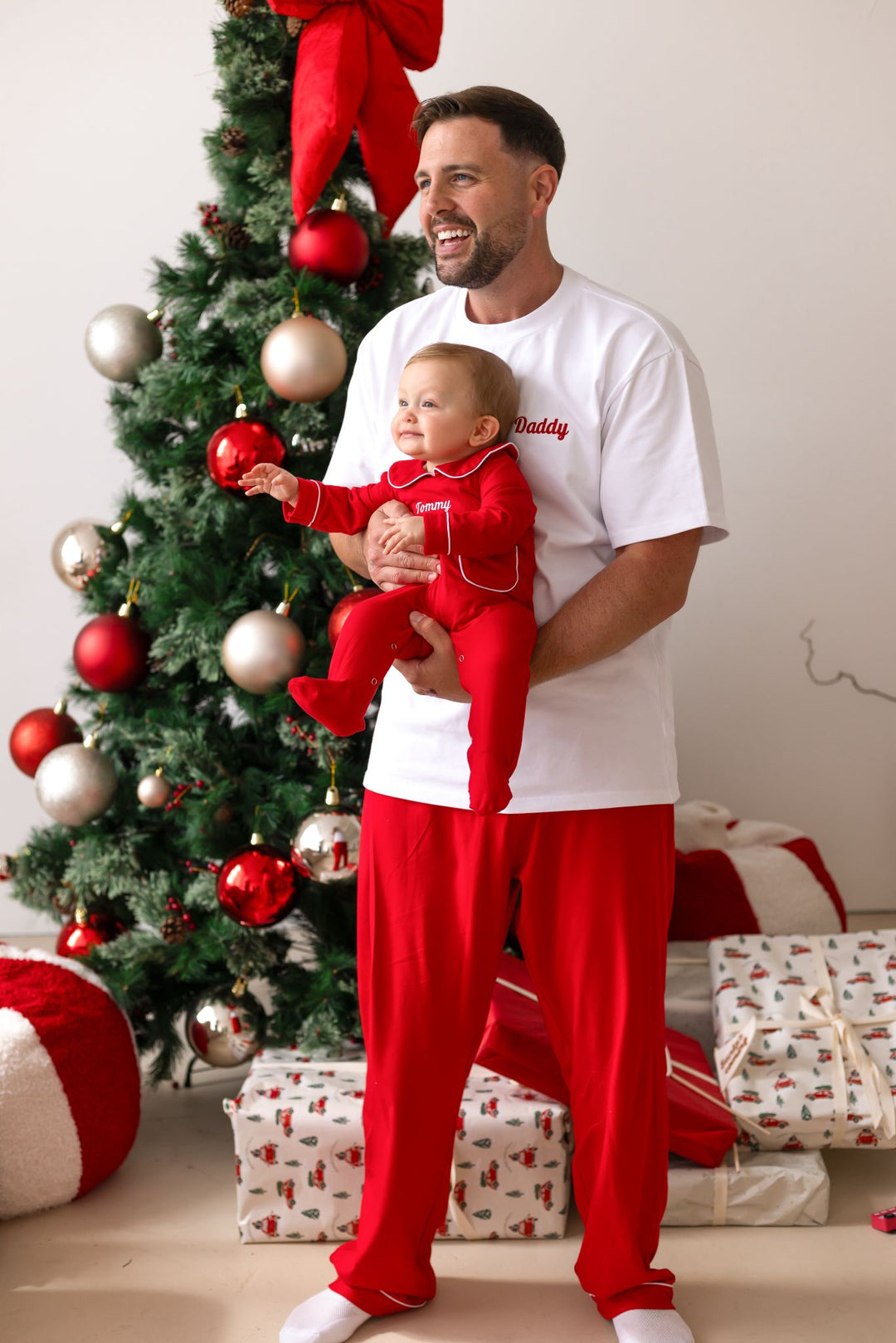 Red Rompersuit with white trim - Embroidered