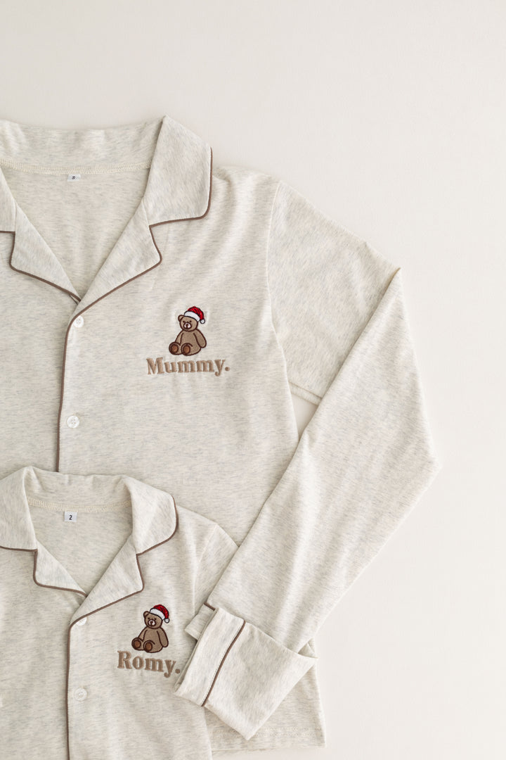 Oatmilk Women's matching PJ set - Bear Santas Hat embroidery