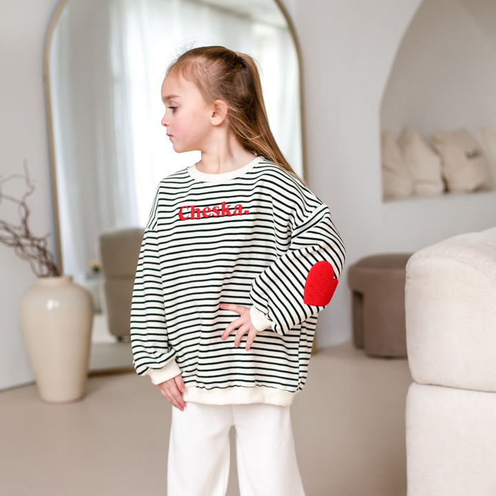 Fleece Stripe Heart Sweatshirt - Embroidered (name)
