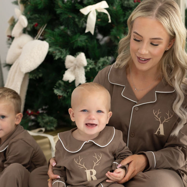 Womens Matching Family two piece set PJS - Cappuccino and white trim embroidery