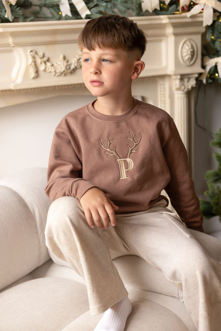 Taupe Antler Initial Classic Sweatshirt - Embroidery