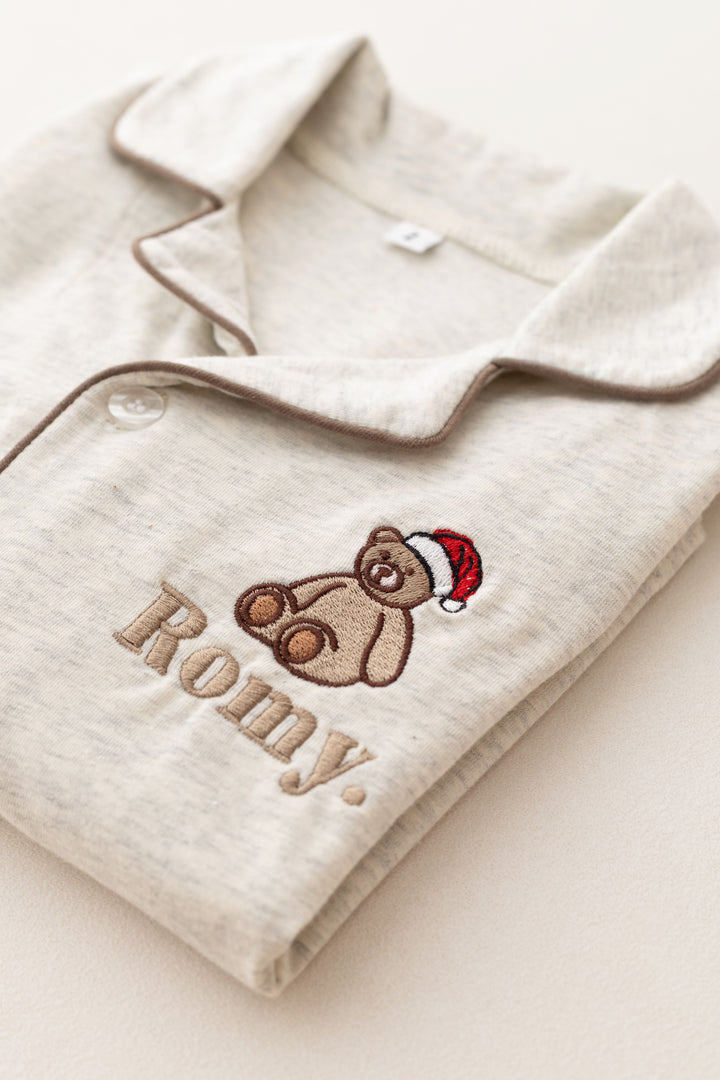 Oatmilk Children's matching PJ set - Bear Santas Hat embroidery