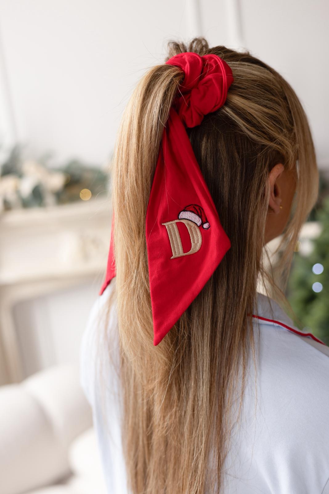Large Red Bobble Bow Santa's Hat Initial - Embroidered