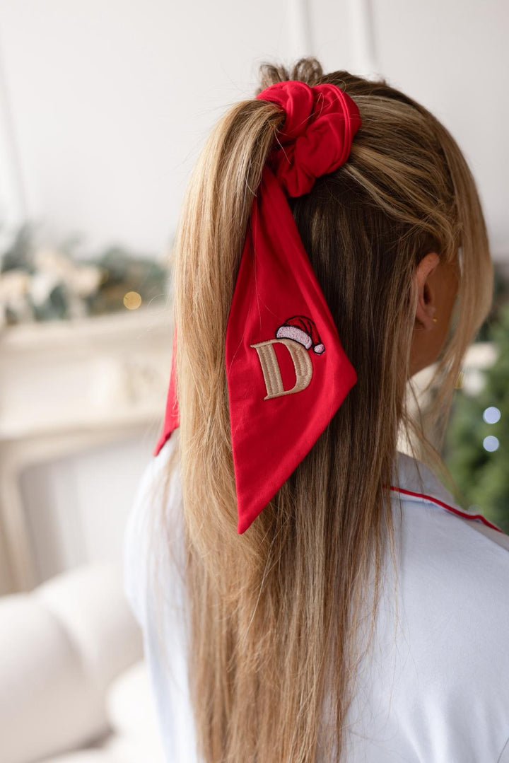 Large Red Bobble Bow Santa's Hat Initial - Embroidered