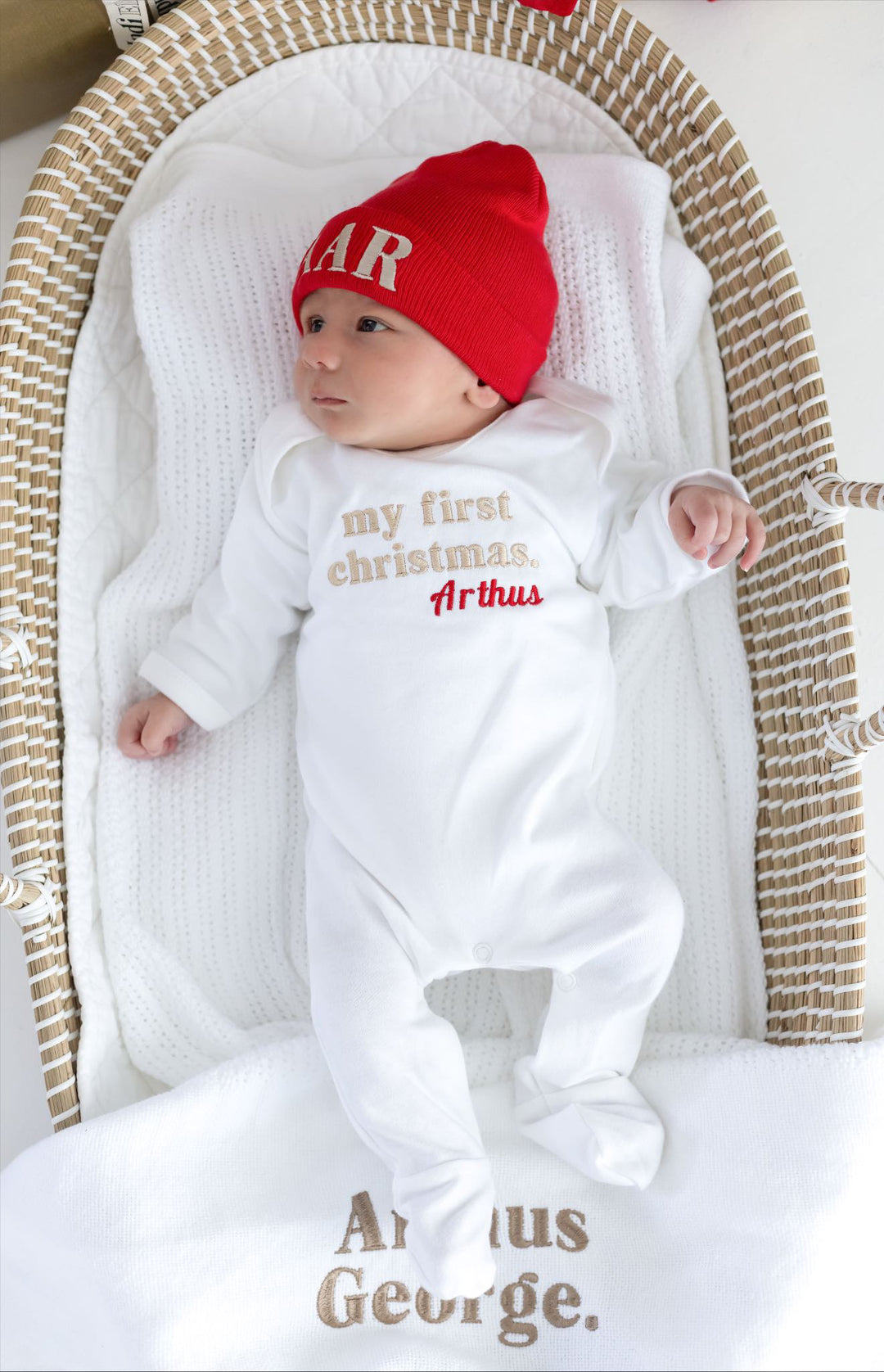 Name Baby RED Ribbed Beanie - embroidered