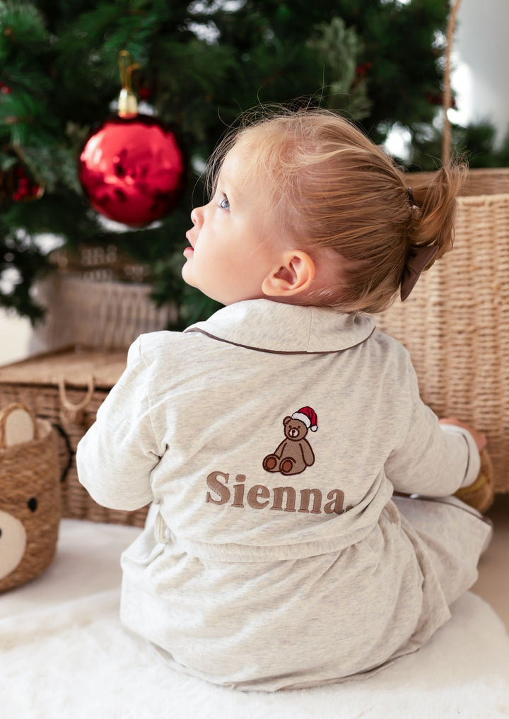 Oatmilk Dressing gown - Bear Santas Hat embroidery