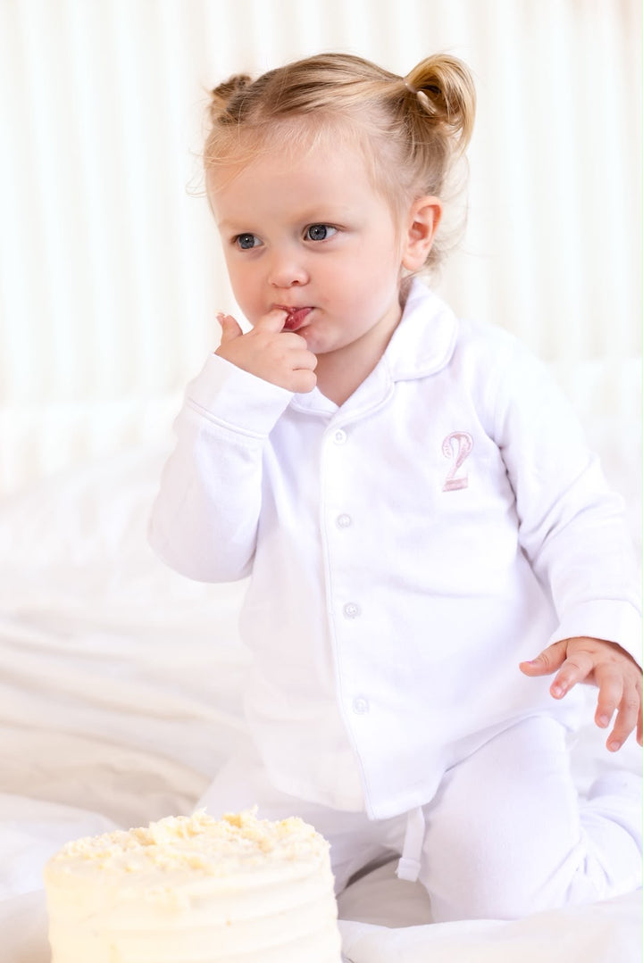 Birthday Age White Button Up Pyjama Set - Embroidered two side