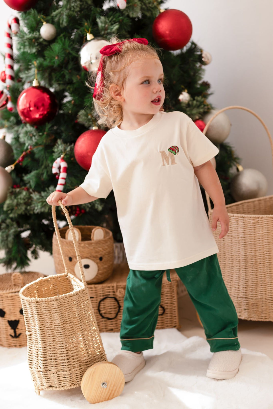 Festive Green Children's T-shirt & PJ Set - Elf Initial (embroidery)