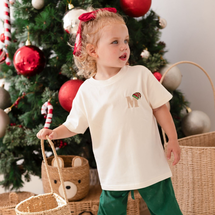 Festive Green Children's T-shirt & PJ Set - Elf Initial (embroidery)