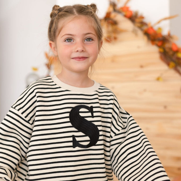Fleece Stripe Heart Sweatshirt - Black Embroidered