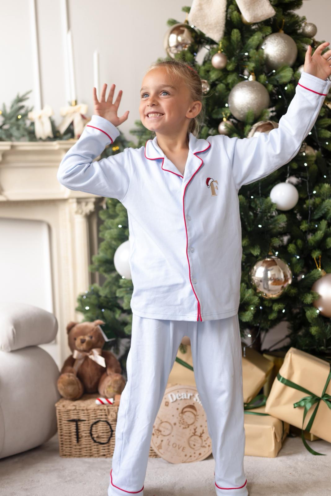 Sleigh Blue Children's matching PJ set - Initial Santas Hat embroidery